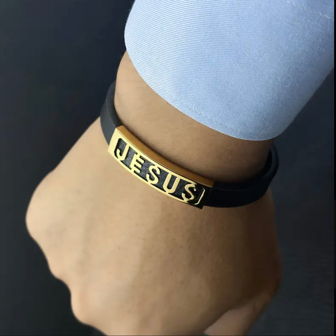 Bracelet JESUS Doré – Bijou Chrétien Mixte en Similicuir et Acier Inoxydable