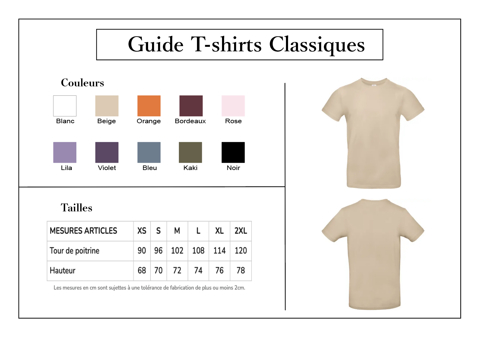 2025 - Guide des couleurs et tailles Coupe classique - bc-tu03t